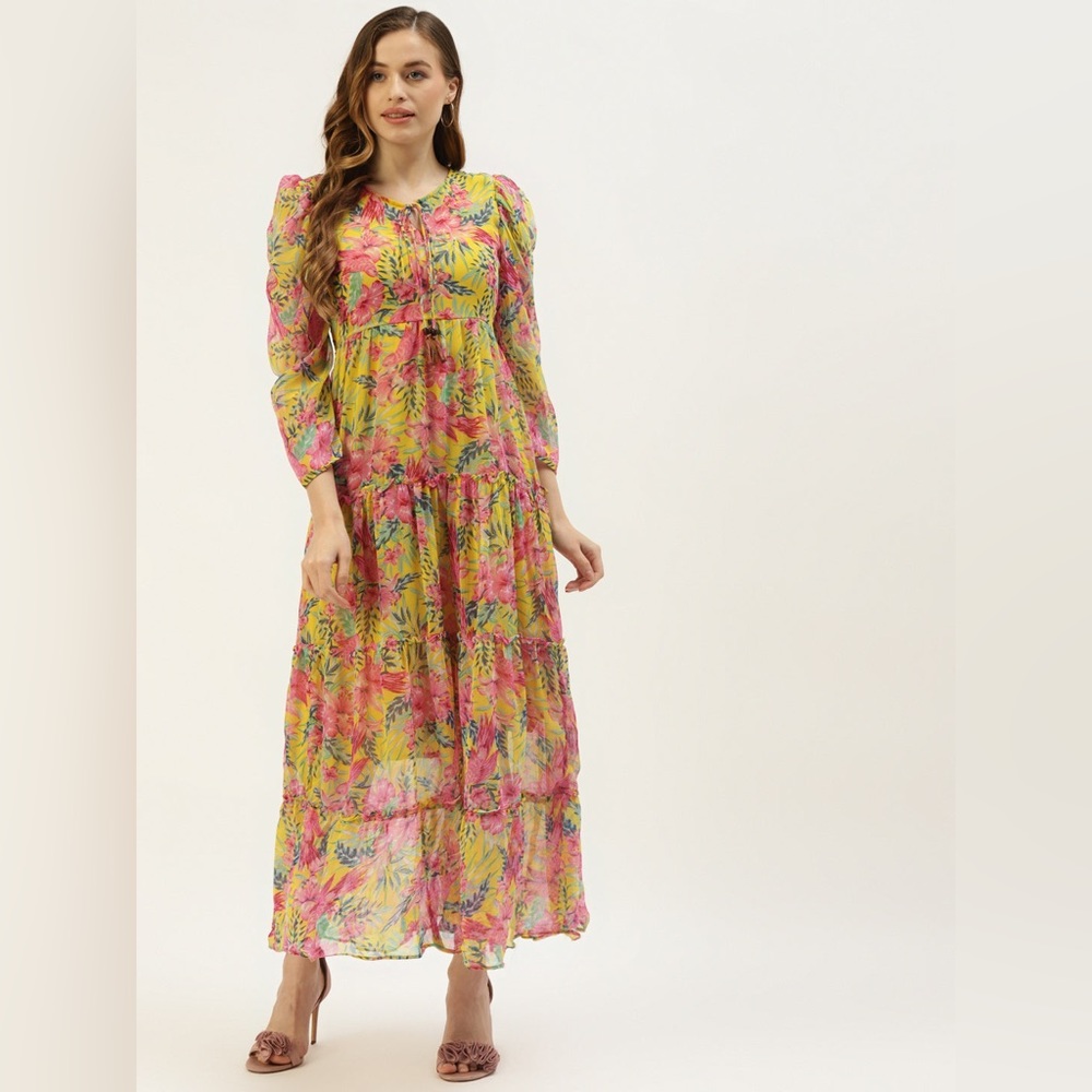 Vaaba Beautiful Pink/Yellow Tropical Print Layered Floral Maxi Dress Sz XL